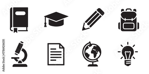 Set of education icons, including a book, graduation cap, pencil, light bulb, backpack, microscope, globe, and document, isolated on white