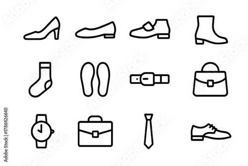 Office Footwear Icons. Office footwear. Line outline icon set of office footwear: heels, flats, loafers, boots