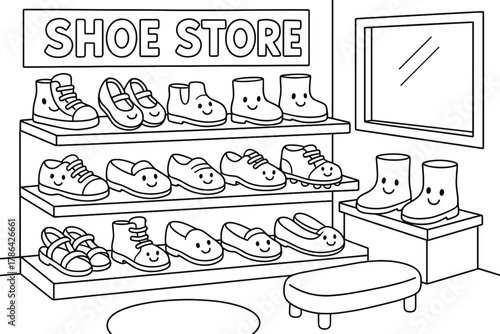 Smiling Shoes. Shoe store children?s coloring book illustration, outlined drawing, cartoon shop with shelves