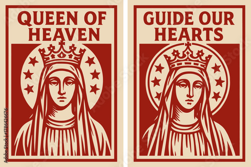 Queen of Heaven Banners. Queen of Heaven. Two vertical A6 banners with safe margins, centered composition, no elements touching edges, bold, red and beige,
