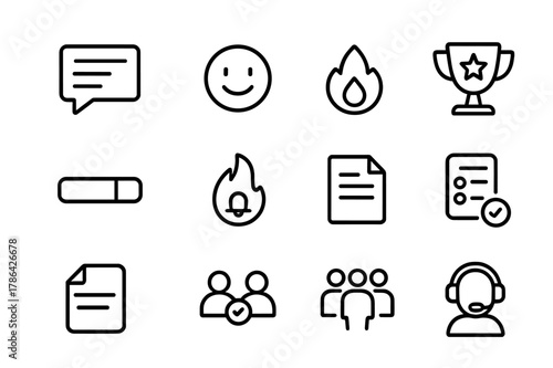 Student Engagement Icons. Student engagement. Line icon set of student engagement: discussion thread, reaction emoji, poll, gamification trophy, progress bar,