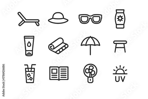 Sunbathing Essentials Icons. Sunbathing. Line icon set of Sunbathing: sun lounger, sun hat, sunglasses, sunscreen, tanning lotion, towel, parasol, side table,
