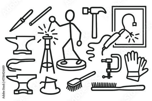 Metal Sculpture Creation. Metal sculpture. Hand-drawn doodle illustration metal sculpture chisel, anvil, steel rod, hammer, welding torch, wire, stand, figure,