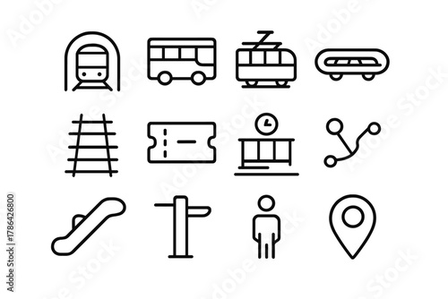 Urban Transit Icons. Urban transit. Line outline icon set of urban transit: subway, bus, tram, hyperloop,