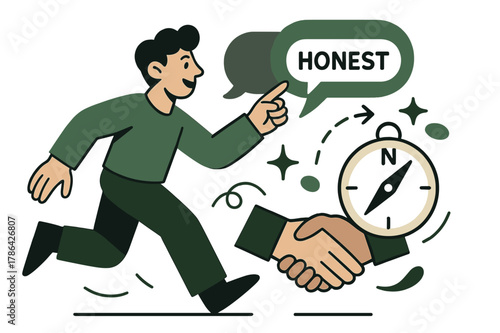 Navigating with Honesty. Ethical truth-telling. A character offers a speech bubble with a visible core labeled ?Honest?; shadow speech bubbles fade behind. A