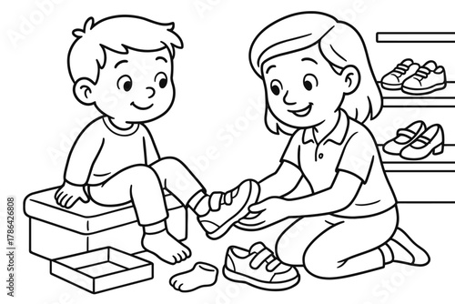 Shoe Fitting Fun. Shoe fitting children?s coloring book illustration, outlined drawing, child trying on shoes