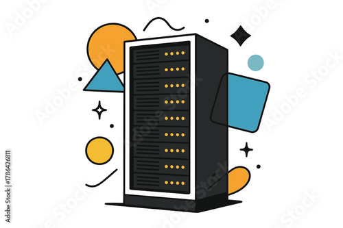 Modern Server Abstraction. Server Rack. Tall server rack with glowing lights and floating abstract geometric shapes, modern and high-tech scene. Modern