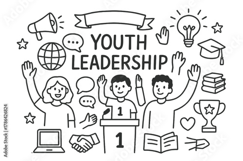 Youth Leadership Icons. Youth Leadership. Hand-drawn doodle illustration Youth Leadership young people, podium, raising hands, speech bubbles, globe,