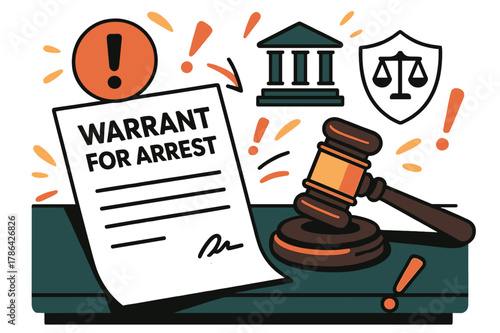 Arrest Warrant Scene. Warrant for arrest. Police desk with arrest warrant document, gavel, and abstract floating exclamation marks and legal icons; emphasizes
