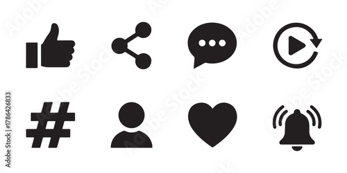 A set of social media icons. This collection of black silhouette icons represents essential digital interactions and networking concepts, including like, share, comment, and profile