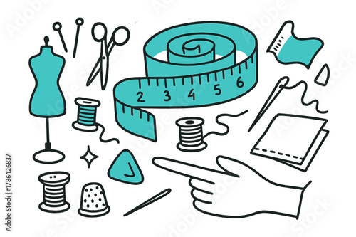 Tailor's Tool Illustration. // Tailor?s measuring tape. Hand-drawn doodle illustration Tailor?s measuring tape [soft tape coil (accented), centimeter marks