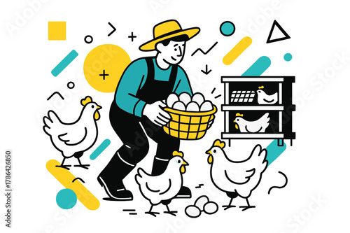 Geometric Farm Vibes. Poultry Farm. Farmer collecting eggs with chickens around and floating abstract geometric shapes, busy and organized farm moment. Modern