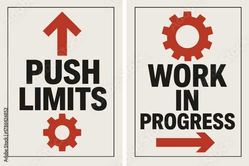 Brutalist Banner Design. Push limits. Two vertical A6 banners with safe margins, centered composition, no elements touching edges, brutalist, black and red,