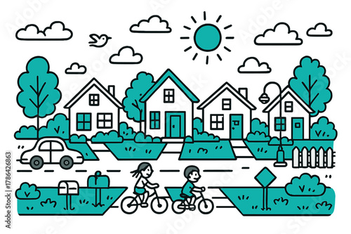 Charming Suburban Street. // Suburban neighborhood. Hand-drawn doodle illustration Suburban neighborhood [houses row (accented), trees (accented), car,