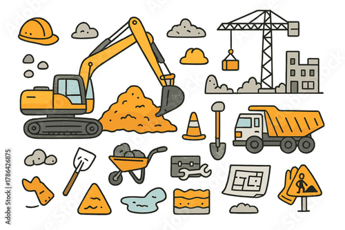 Colorful Construction Doodle. Excavation site. Hand-drawn doodle illustration excavator (colored), dirt pile (colored), construction site (colored), bucket arm