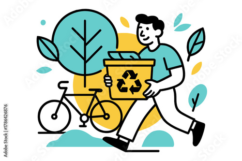 Sustainable Lifestyle Vibes. Eco-friendly and sustainable living. A person holding a recycle bin, with a green tree and leaves surrounding them, a bicycle in