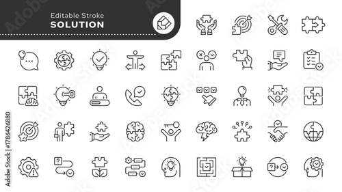 Solution line icon set. Problem solving, resolve, solved, maze, thinking, result, issue, idea, success and more. Outline icon in linear style. Vector collection.	