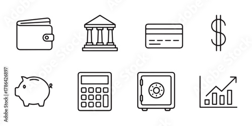 A set of finance line icons. This collection of outline icons represents banking, money management, and investment concepts, including a wallet, bank, credit card, and dollar sign