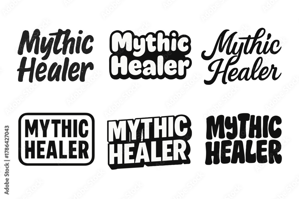 Fototapeta premium Mythic Healer Lettering. Mythic Healer. Set lettering. harmonious lettering variations of the same emblematic concept (Grunge textured brush lettering, Rounded