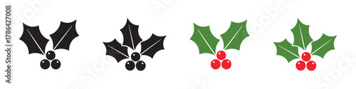 A set of holly berry icons. This collection features black silhouette and colored illustrations of traditional holly leaves and berries, perfect for Christmas themes