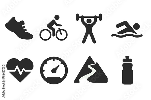 Physical Endurance Icons. Physical endurance. Filled icon set of physical endurance: running shoes, cyclist,