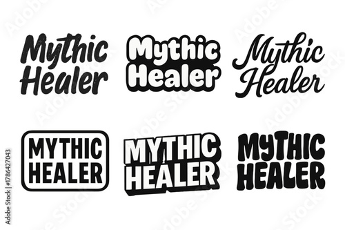 Mythic Healer Lettering. Mythic Healer. Set lettering. harmonious lettering variations of the same emblematic concept (Grunge textured brush lettering, Rounded