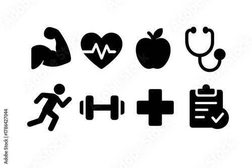 Men's Health Icons. Men?s health. Filled icon set of men?s health: strong bicep, heart with pulse, apple,
