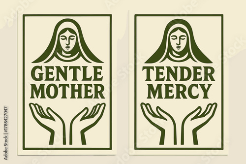 Gentle Mother, Tender Mercy. Motherly Care. Two vertical A6 banners with safe margins, centered composition, no elements touching edges, bold, olive green and