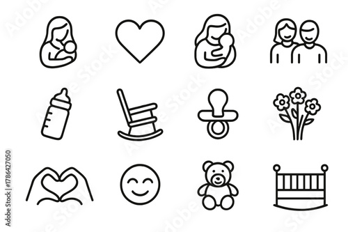 Mother's Care Icons. Mother?s care. Line icon set of mother?s care: mother holding baby, heart, hug, family, baby bottle, rocking chair, pacifier, flowers,