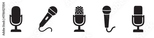 A set of microphone icons. This collection of black silhouette microphones in various styles represents audio recording, broadcast, and vocal performance