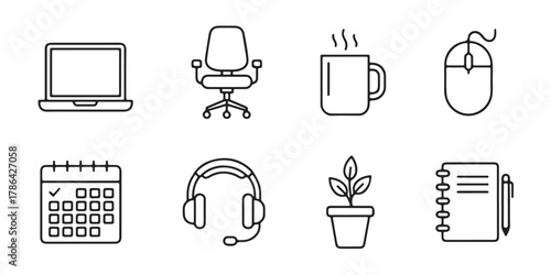Set of office and workspace icons. A collection of outlined icons representing office work, including a laptop, office chair, coffee mug, mouse, calendar, headphones, plant, and notebook