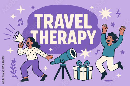 Travel Therapy Celebration. Travel therapy banner, flat vector illustration, bold oversized text inside rounded blob, cartoon characters shouting and dancing,