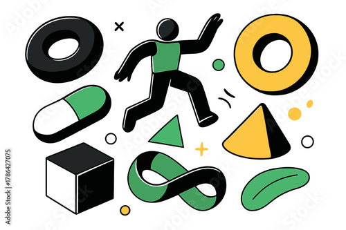 Futuristic 3D Shapes. 3D Design Elements. Futuristic 3D shapes floating in mid-air with floating abstract geometric highlights, vibrant and dynamic scene.