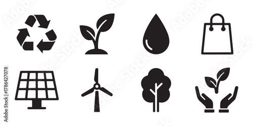 A set of eco-friendly icons. This collection of black silhouette icons represents environmental sustainability and green energy concepts, including recycling, plant, water drop, and solar panel