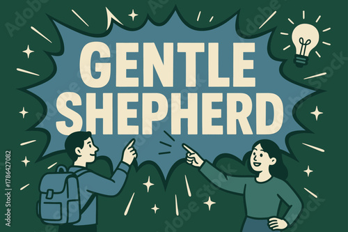 Gentle Shepherd Banner. Gentle Shepherd banner, flat vector illustration, bold oversized text inside comic burst banner, cartoon characters standing and