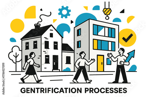 Urban Evolution Scene. Gentrification Processes. Urban street with old and new buildings side by side, floating abstract geometric shapes and construction