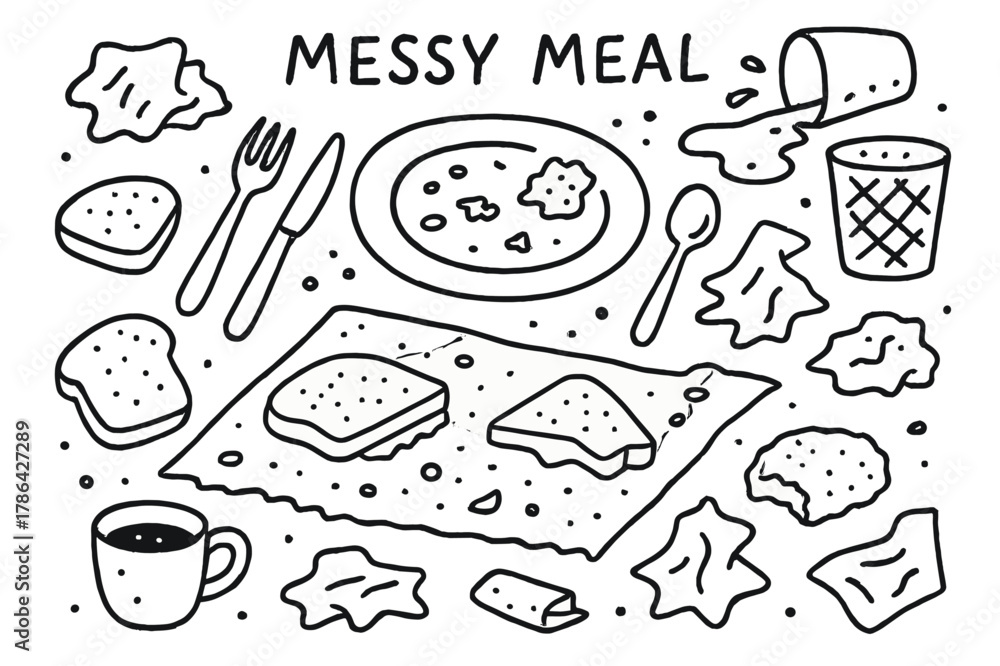 Fototapeta premium Messy Meal Doodle. Messy Meal. Hand-drawn doodle illustration Messy Meal crumpled napkin, crumbs, spilled drink, fork, knife, plate, coffee cup, bread,