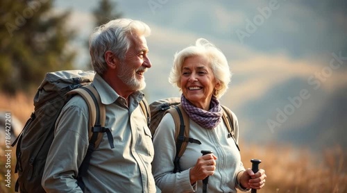 elderly couple hiking in a forest, using hiking poles, wearing backpacks, light clothing, smiling at each other, dirt path, trees, sunny day