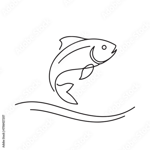 A simple line art illustration of a jumping fish. This elegant monochrome drawing depicts a fish leaping gracefully above subtle water lines, created with a single continuous line