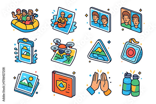 Vibrant Travel Memory Icons. Photo moments and memories. Colorful isometric vector icons set of Photo moments and memories: group selfie in raft, splash action