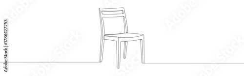 A continuous line drawing of a contemporary dining chair with a slatted backrest, showcasing a minimalist and clean aesthetic against a white background