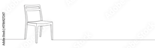 A continuous line drawing of a contemporary dining chair with a slatted backrest, showcasing a minimalist and clean aesthetic against a white background