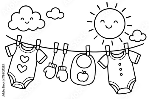 Laundry Day Fun. Laundry day for baby children?s coloring book illustration, outlined drawing, cute baby clothes like onesies, bibs, and mittens hanging on a