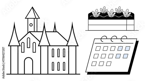 Castle with pointed towers, garden bed with plants, and calendar. Ideal for heritage, history, tourism, planning, gardening event organization and tradition. Simple flat metaphor