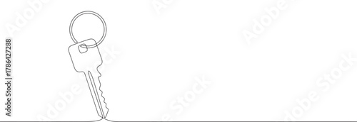 A continuous line drawing of a single key with a round keychain, symbolizing security, access, or ownership, on a clean white background