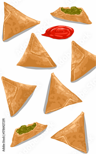a set of triangle shape different types of samosas. Food pattern 