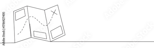A continuous line drawing of a folded map showing a dotted path from a starting point to an 'X' marking a destination, symbolizing travel or navigation