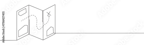 A continuous line drawing of a folded map showing a dotted path from a starting point to an 'X' marking a destination, symbolizing travel or navigation