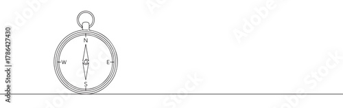 A continuous line drawing of a compass with clear North, East, South, and West cardinal points, symbolizing guidance and direction on a white background