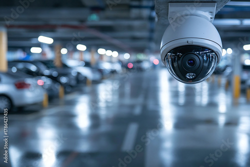 Dome security camera in parking garage at night, surveillance technology for urban safety.
